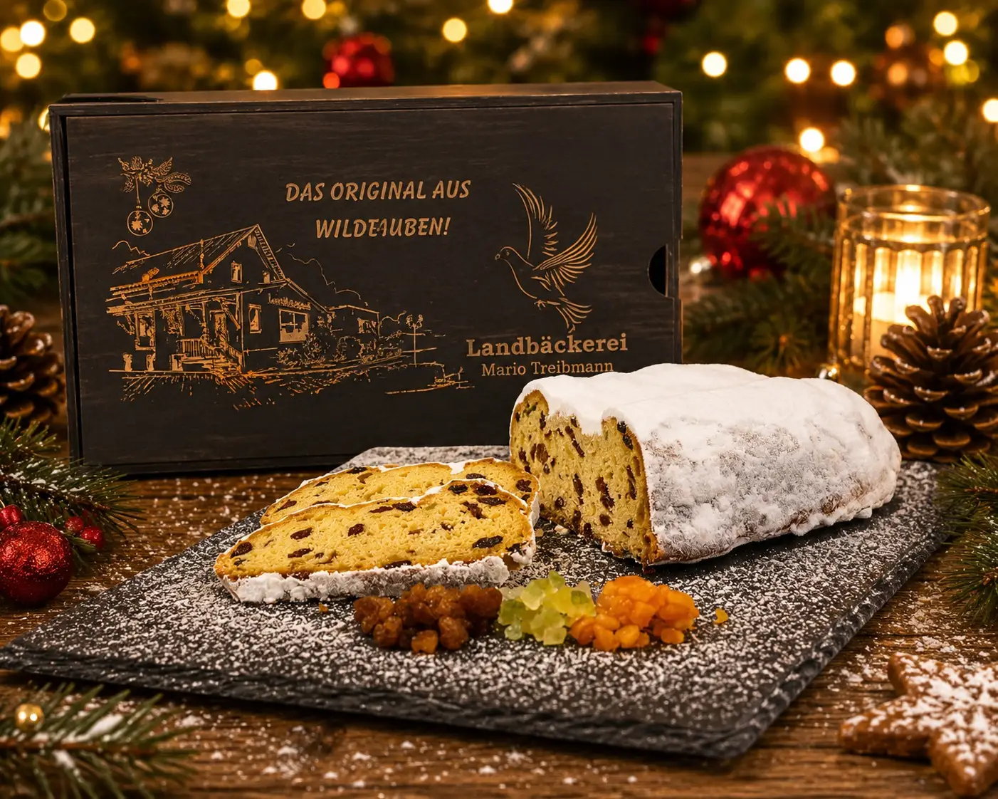Butterstollen in der dunklen Holzbox mit goldener Gravur