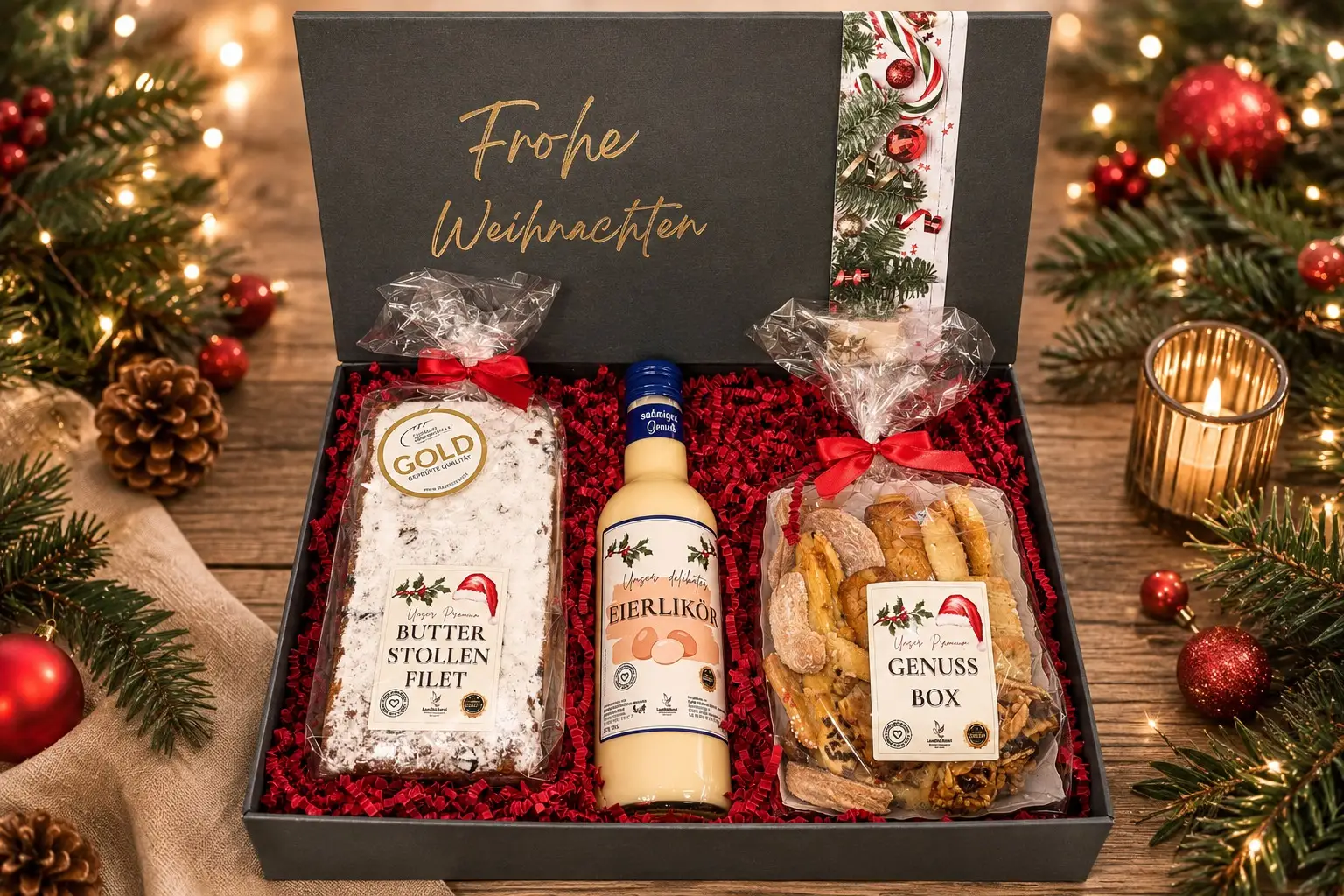 Premium-Geschenkbox „Frohe Weihnachten“ mit Butterstollenfilet, Eierlikör und Genussbox