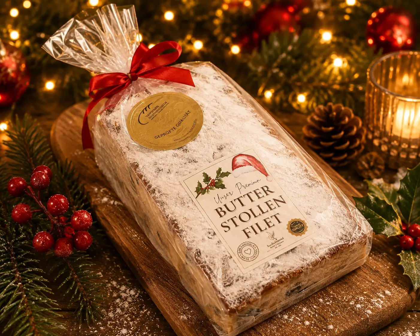 Butterstollenfilet in Klarsichtfolie mit rotem Band und Goldsiegel auf einem Holzbrett